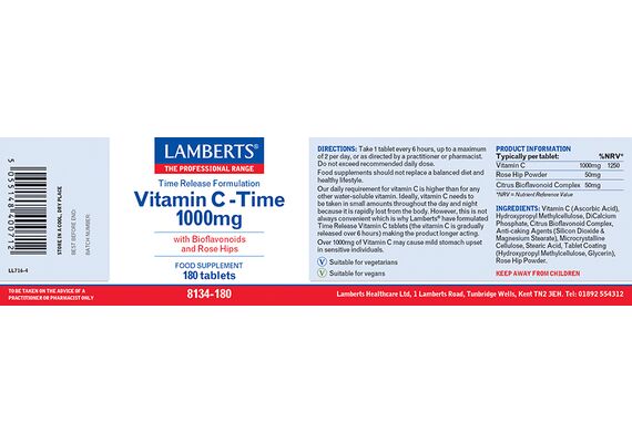 Lamberts Vitamin C- Time 1000mg With Bioflavonoids And Rose Hips 180 Caps - Βιταμίνη C στο Dvcare