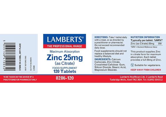 Lamberts Zinc 25Mg 120 Tabs - Βιταμίνες & Μέταλλα στο Dvcare